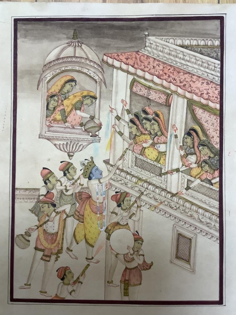 Indian School, two watercolour and ink original illustrations, Women on a balcony with men below, 24 x 18cm and Woman riding a camel with attendant, 22 x 14cm, both unframed